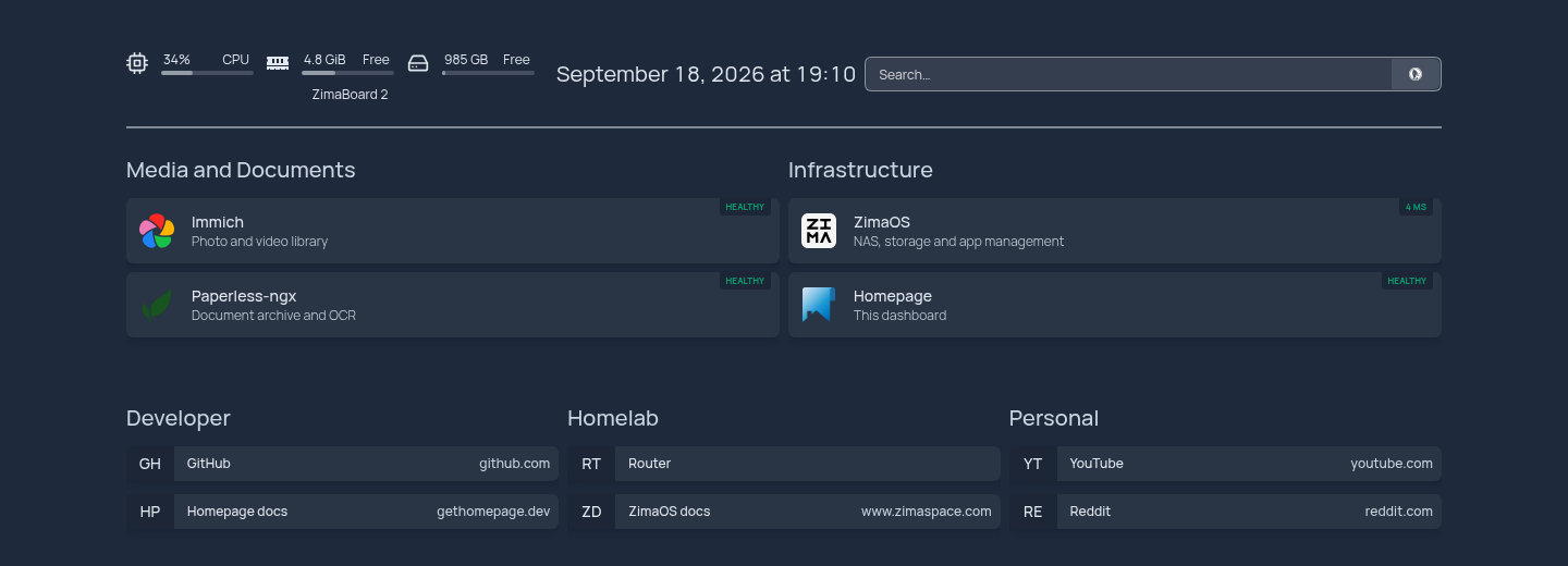 The same dashboard after configuration, with Immich and Paperless-ngx under Media and Documents and ZimaOS and Homepage under Infrastructure, each tile reporting healthy from the Docker socket, with the router address painted out