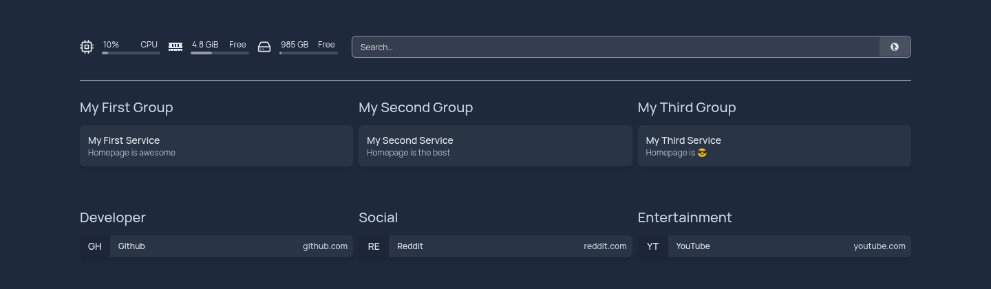 A Homepage dashboard in its stock state, with three placeholder groups named My First Group, My Second Group and My Third Group, each holding one example service