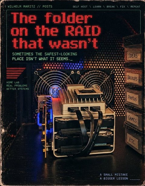 A title card reading The folder on the RAID that wasn&rsquo;t, over a photo of the ZimaBoard on top of its two-drive cage holding the mirrored hard drives, with the PCIe adapter card carrying the NVMe on its side