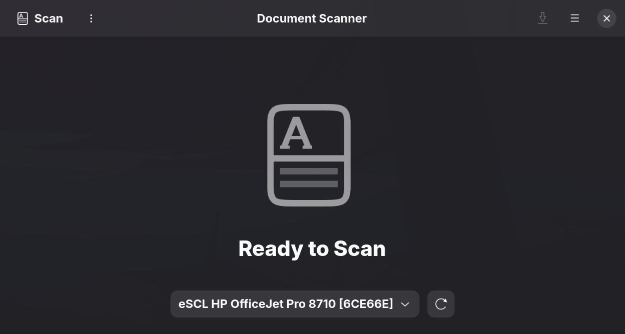 simple-scan open on its Ready to Scan screen, with the device selector reading eSCL HP OfficeJet Pro 8710 in square brackets 6CE66E