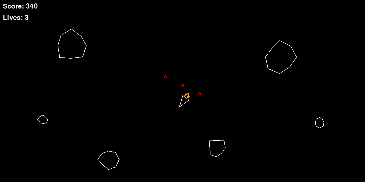 The game running: the ship drifting with its thrust plume lit, irregular asteroids scattered across the field, and shots in flight