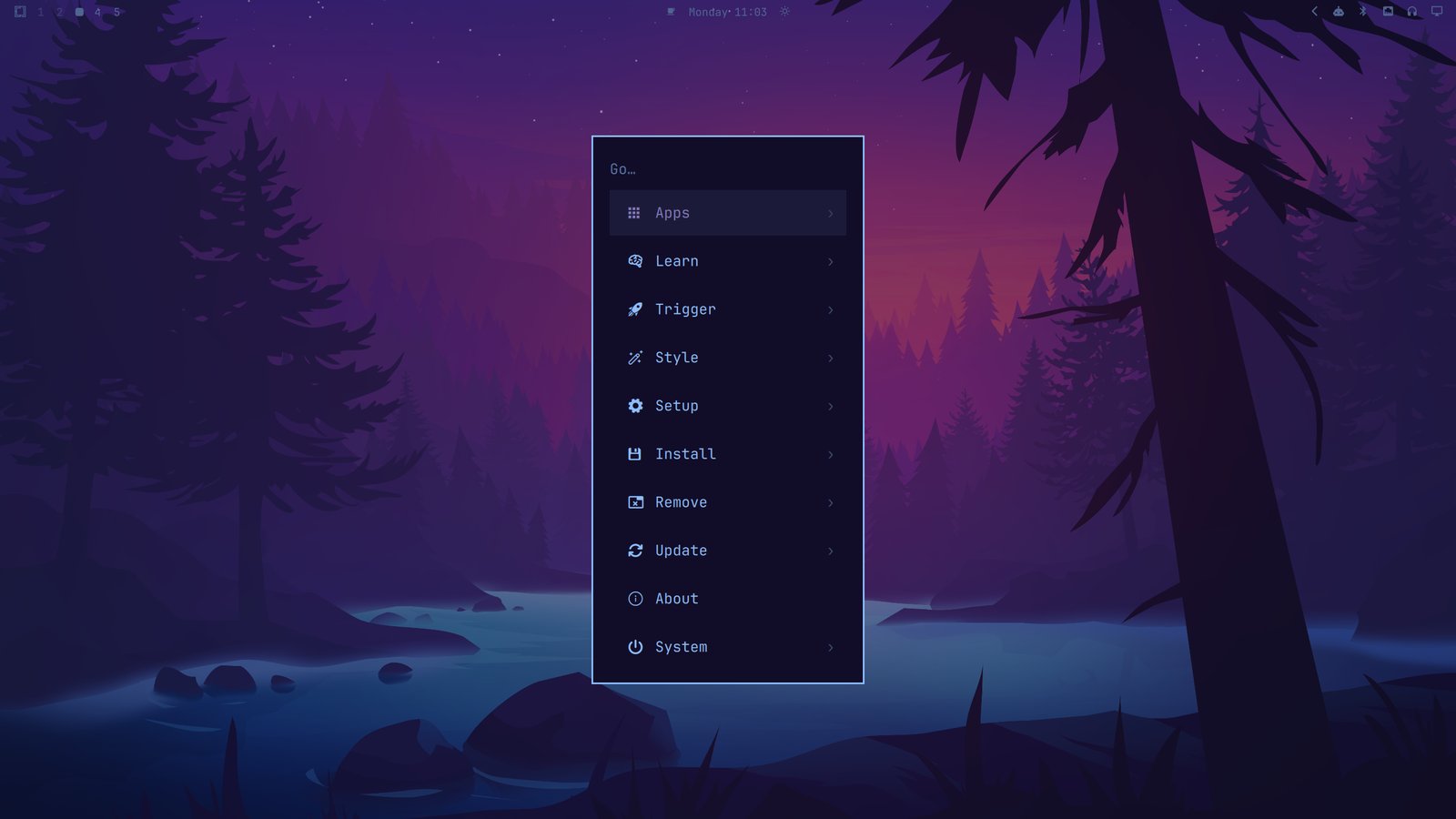 The Omarchy menu over the Forest 2 theme&rsquo;s wallpaper - Apps, Learn, Trigger, Style, Setup, Install, Remove, Update, About, System