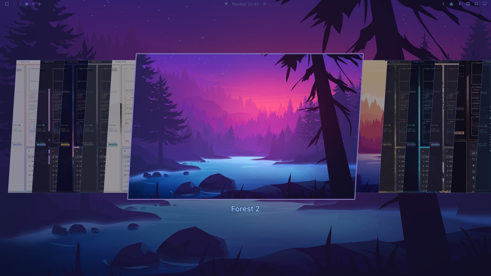 The Omarchy theme picker showing live previews of full themes