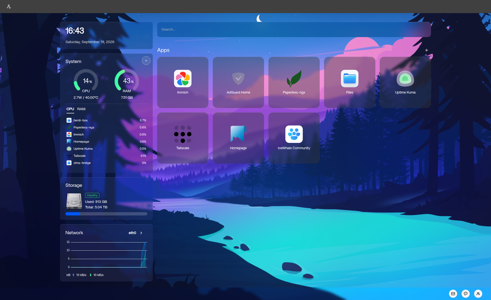 The ZimaOS 1.7.1 dashboard with the System widget expanded, listing seven containers by name with their CPU use, including two that ZimaOS does not manage, beside app tiles for Immich, Paperless-ngx, Uptime Kuma, Tailscale and Homepage